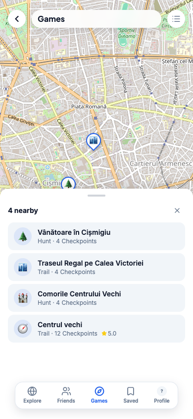 La section Games, en version mobile, avec la liste des jeux à proximité.